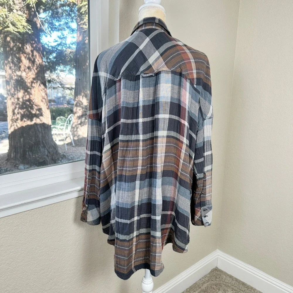 Free People Year Round Button Down Shirt M Plaid Soft Gauze Earthy Boho Festival